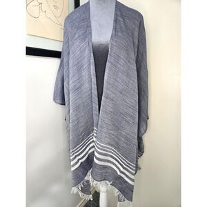 Tommy Bahama Light Blue Striped Fringe Kimono Wrap 100% Cotton – One Size/M